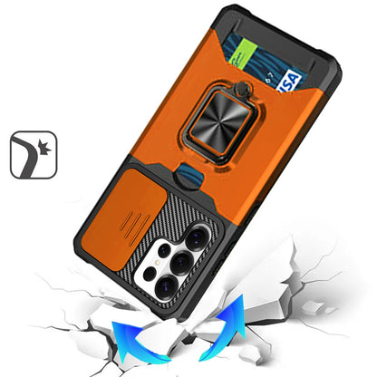 For Samsung Galaxy S25 Ultra Wallet Case with Ring Stand & Slide Camera Cover Back Credit Card Slot Holder, Military Grade Case Cover Cosmic Orange