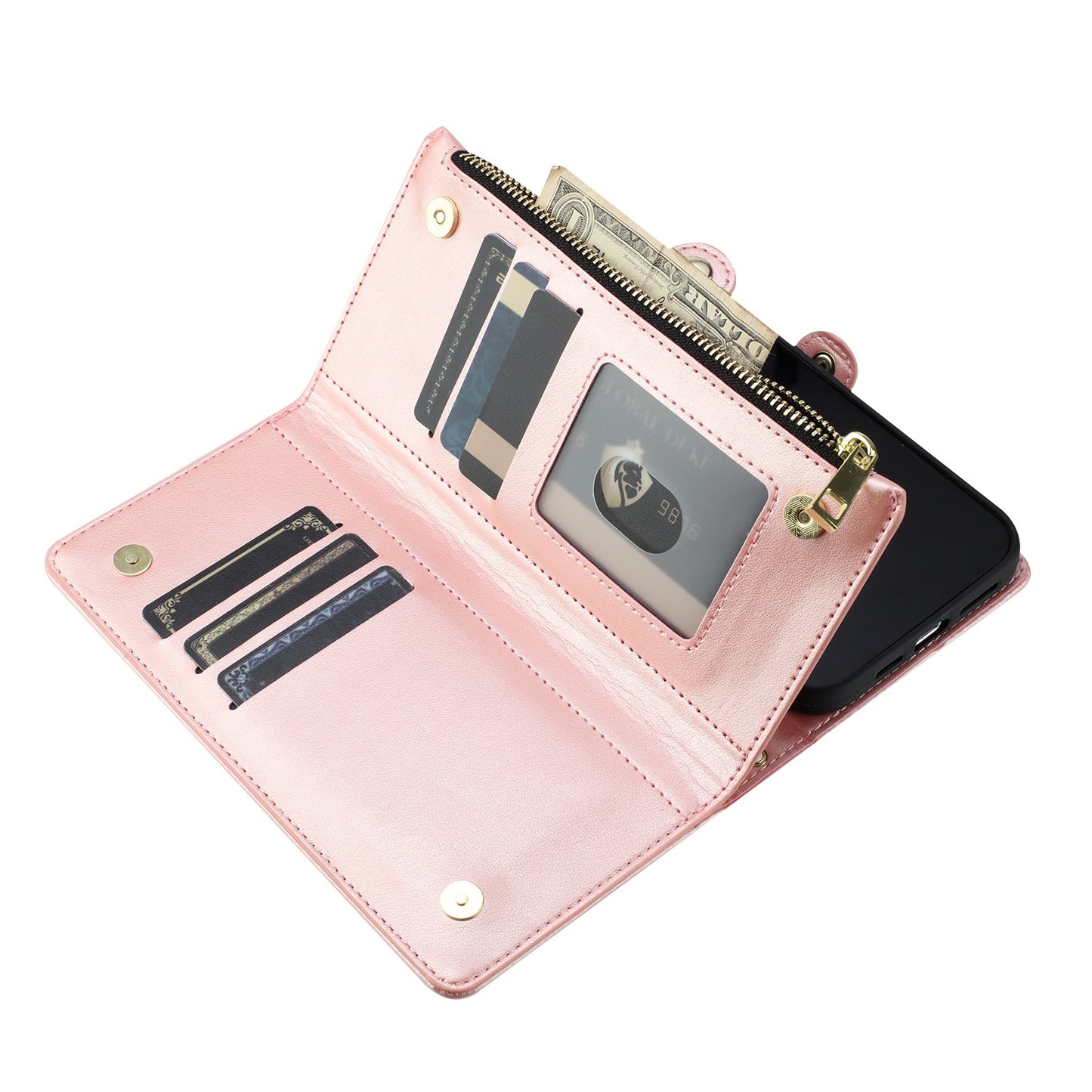 For Apple iPhone SE 4 Wallet Purse Stylish Design with Credit Card & ID Slots, Durable Zipper Storage, Adjustable Lanyard Case Cover Rose Gold