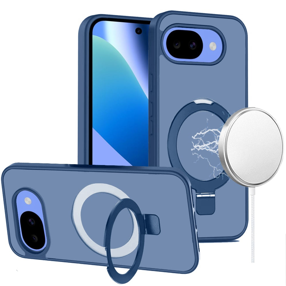 Phone Case for Google Pixel 10A Magnetic Ring Stand Full Rotation Matte Shockproof Grip Anti Slip Durable Camera Protection Hybrid Cover Blue