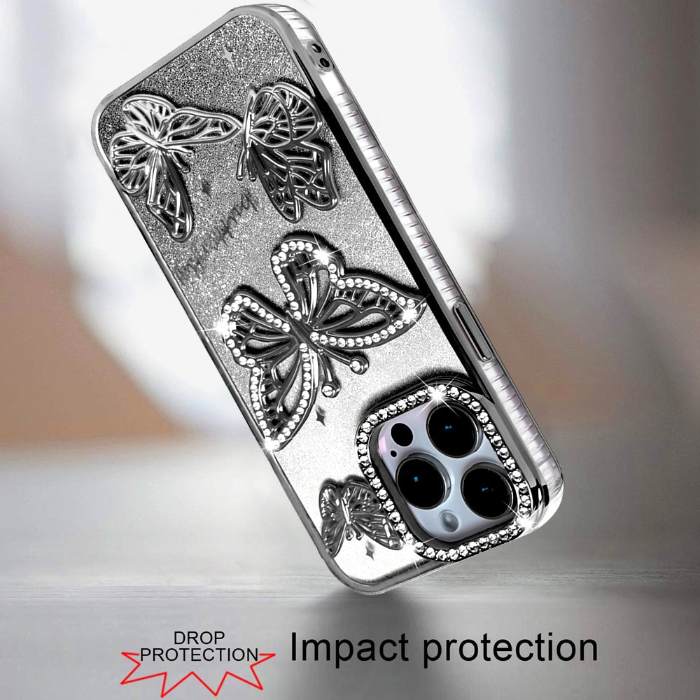 For Apple iPhone 15 Luxury Butterfly Sparkle Glitter Diamond Crystal Rhinestone Shimmer Bling Plating Thick TPU Hard PC Case Cover