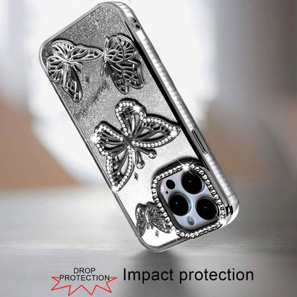 For Apple iPhone 15 Luxury Butterfly Sparkle Glitter Diamond Crystal Rhinestone Shimmer Bling Plating Thick TPU Hard PC Case Cover