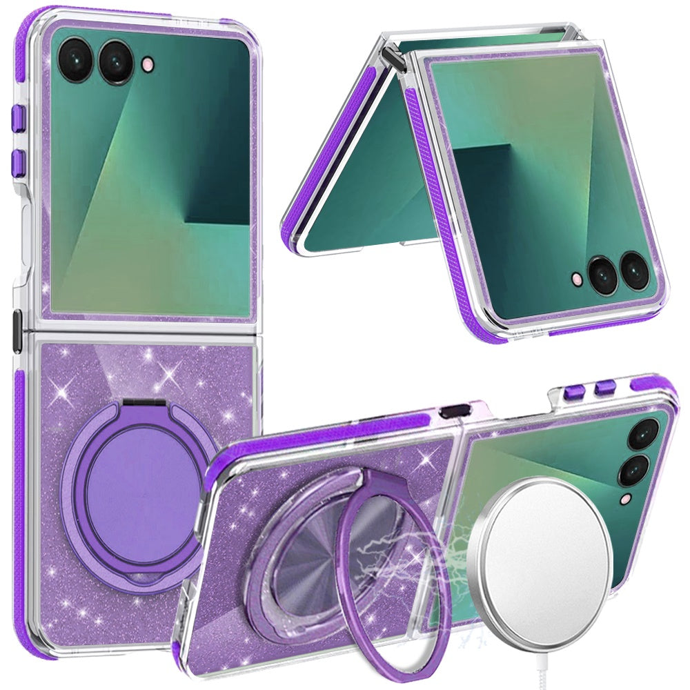For Samsung Galaxy Z Flip 7 Slim Bling Glitter Sparkly Shimmer Hybrid with Magnetic Ring and 360° Rotational Stand [Compatible with Magsafe] Case Cover
