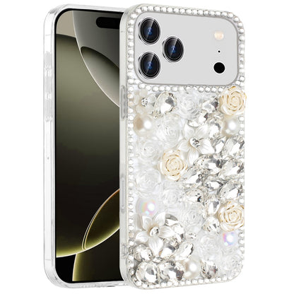 Phone Case for Apple iPhone 17 Pro Rose Flower Full Diamond Bling Rhinestone Glitter Luxury Stylish Sparkle Protective Designer Hybrid Cover
