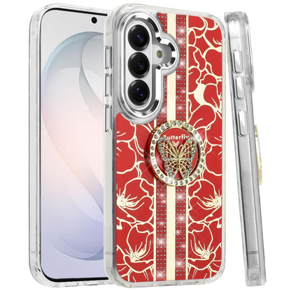 Phone Case for Samsung Galaxy S26 FE /S26 Fan Edition Floral Butterfly Ring Stand Glitter Bling Shockproof Hybrid Luxury Fashion Protective Anti Slip Durable Grip Cover