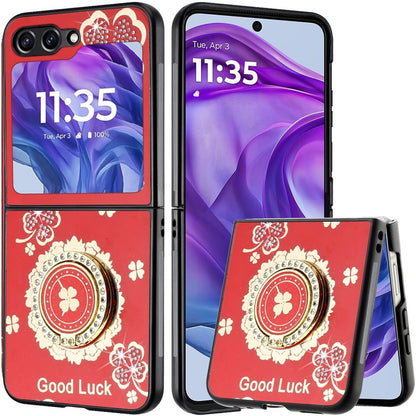 For Samsung Galaxy Z Flip 7 FE Diamonds 3D Fashion Floral Bling Sparkly Glitter Ornaments Engraving Hybrid with Ring Stand Case Cover Red Good Luck Floral