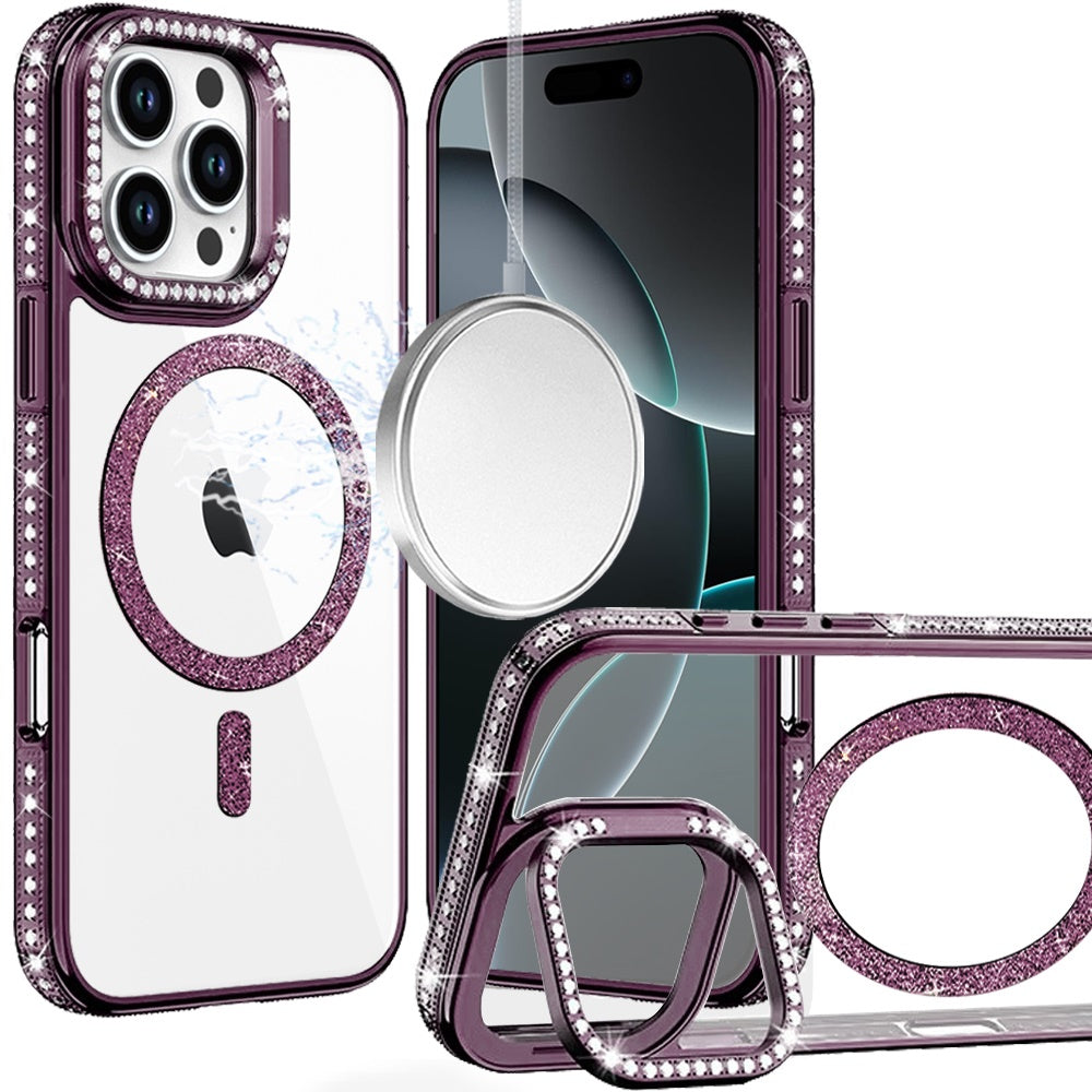 Phone Case for Apple iPhone 16 Pro Max Luxury Diamond Bling Edged Magnetic Glitter Shockproof Hybrid with Camera Kickstand Durable Grip Cover