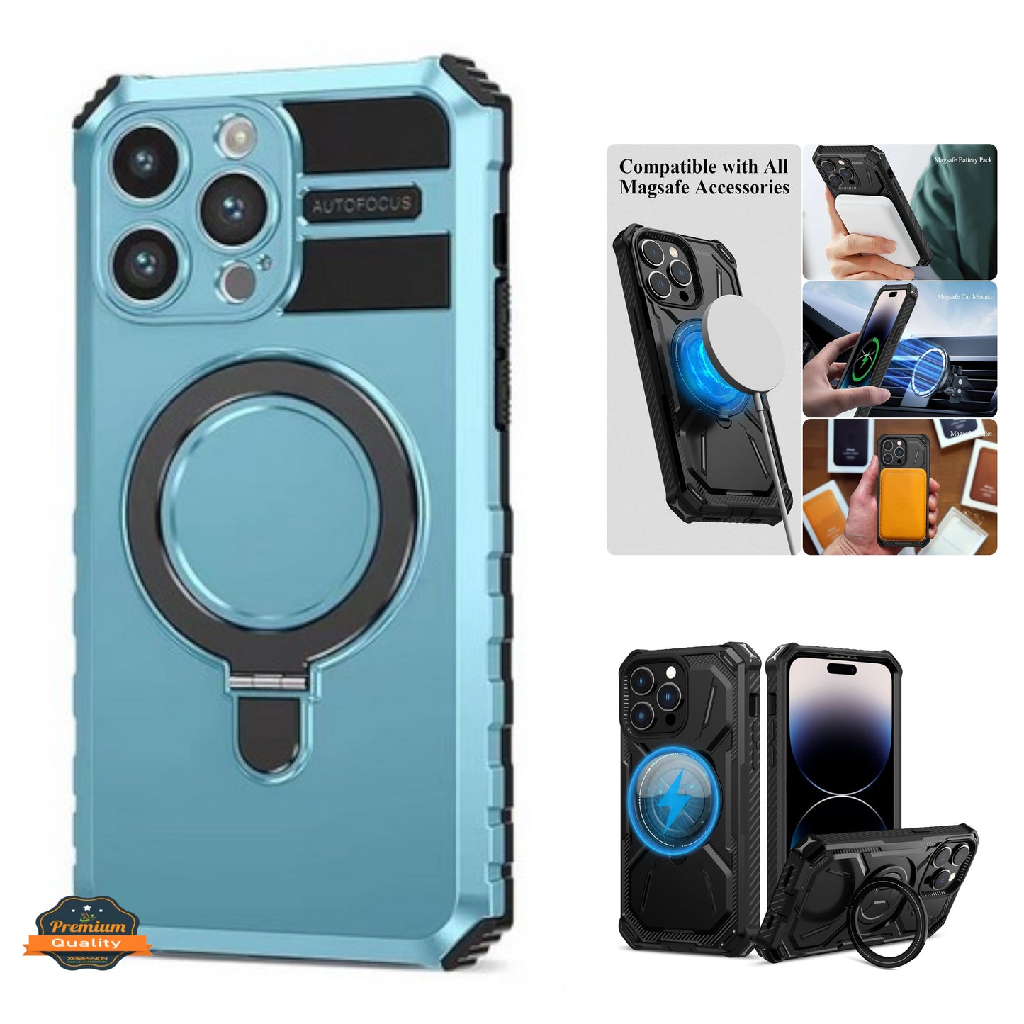 For Apple iPhone 15 Pro (6.1") Hybrid Bumper Invisible Stand Compatible with Magsafe 360° Ring Kickstand Shockproof  Phone Case Cover