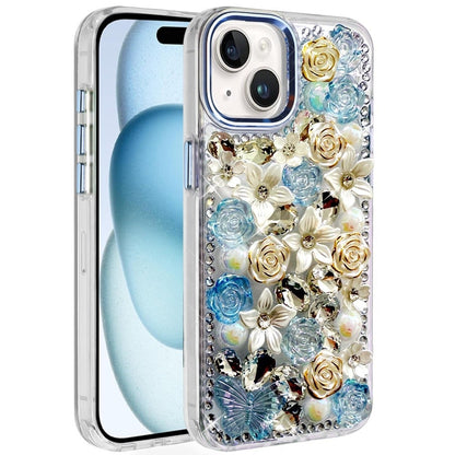 Phone Case for iPhone 15 Plus (6.7") Luxury Rose Bling Rhinestone Glitter Floral Hybrid Shockproof Stylish Protective Designer Ornament Sparkle Cover