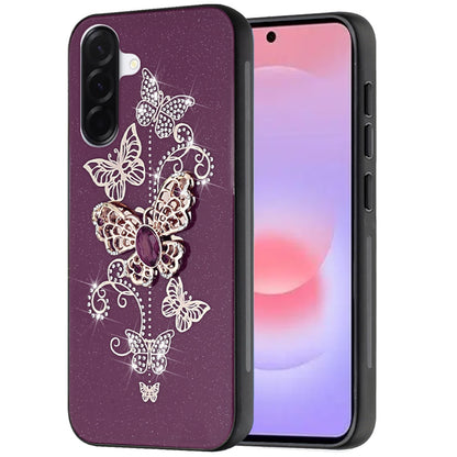 Phone Case for Samsung Galaxy A37 Diamond Glitter 3D Butterfly Engraved Luxury Bling Hybrid Shockproof Chrome Edge Protective Durable Grip Cover Purple