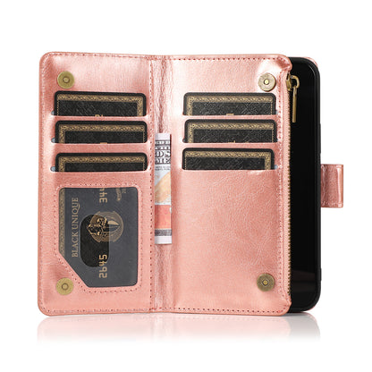 For Motorola Moto G Stylus 5G 2025 Leather Wallet Case with Zipper, 9 Card Slots, Cash Pocket, Stand & Strap, Clutch Pouch Design Case Cover Rose Gold