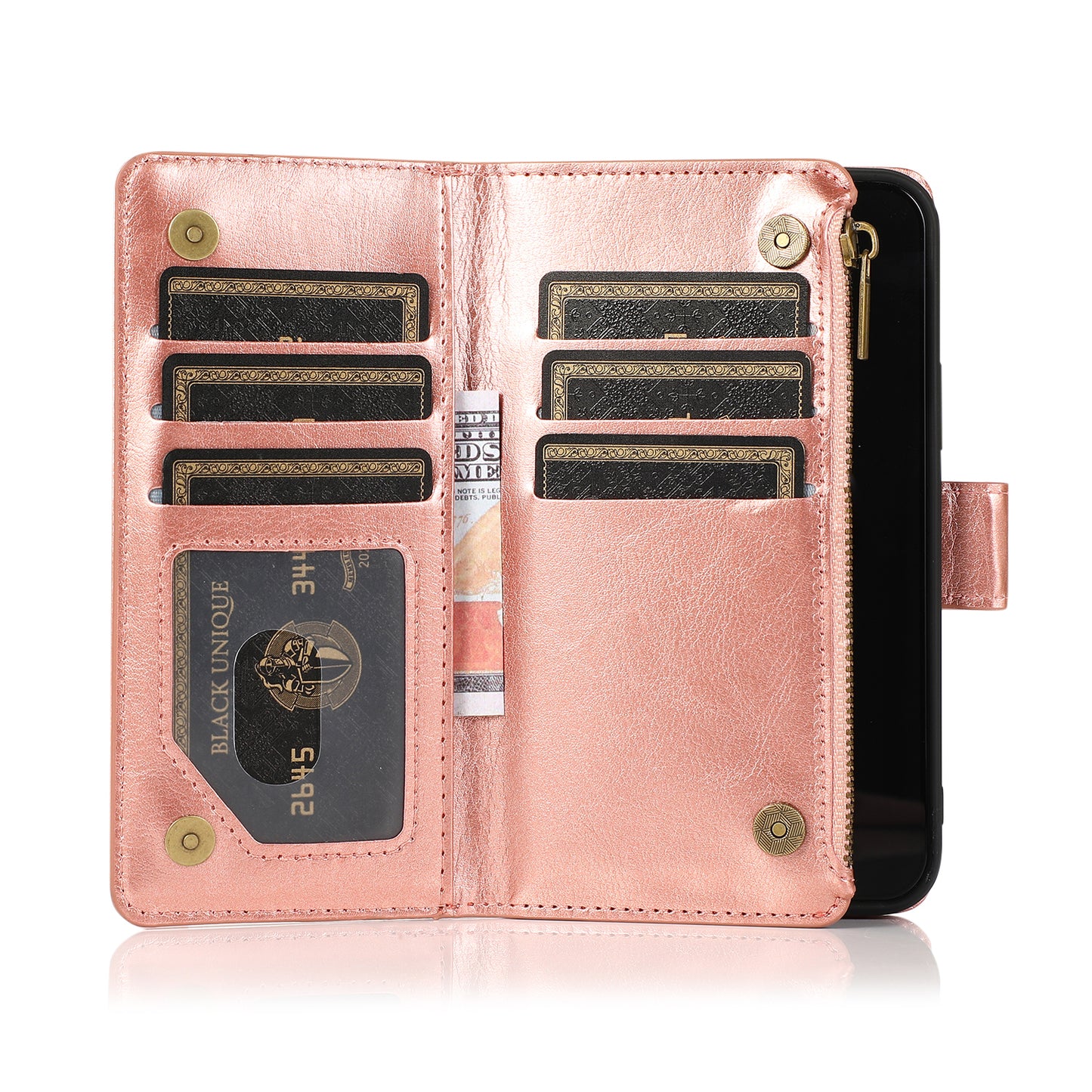 For Samsung Galaxy S26 Leather Wallet Case with Zipper, 9 Card Slots, Cash Pocket, Stand & Strap, Clutch Pouch Design Case Cover Rose Gold