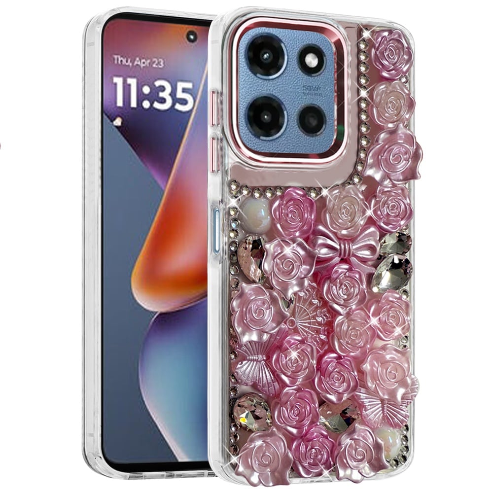 Phone Case for Motorola Moto G 5G 2026 / 2025 3D Flower Bling Rhinestone Glitter Cute Stylish Shockproof Protective Decorative Luxury Grip Stones Ornaments Cover Pink