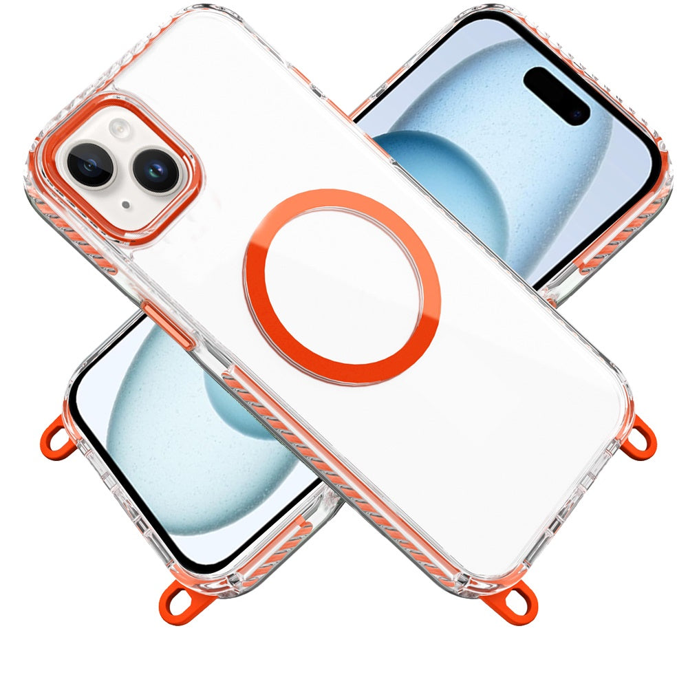 For iPhone 14/13 (6.1") Clear Magnetic Frame PC Back Shockproof Protective Case with Detachable Lanyard Strap, Compatible with MagSafe Case Cover Cosmic Orange