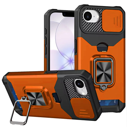 For Apple iPhone 17E /16E Wallet Case with Ring Stand & Slide Camera Cover Back Credit Card Slot Holder, Military Grade Case Cover Cosmic Orange