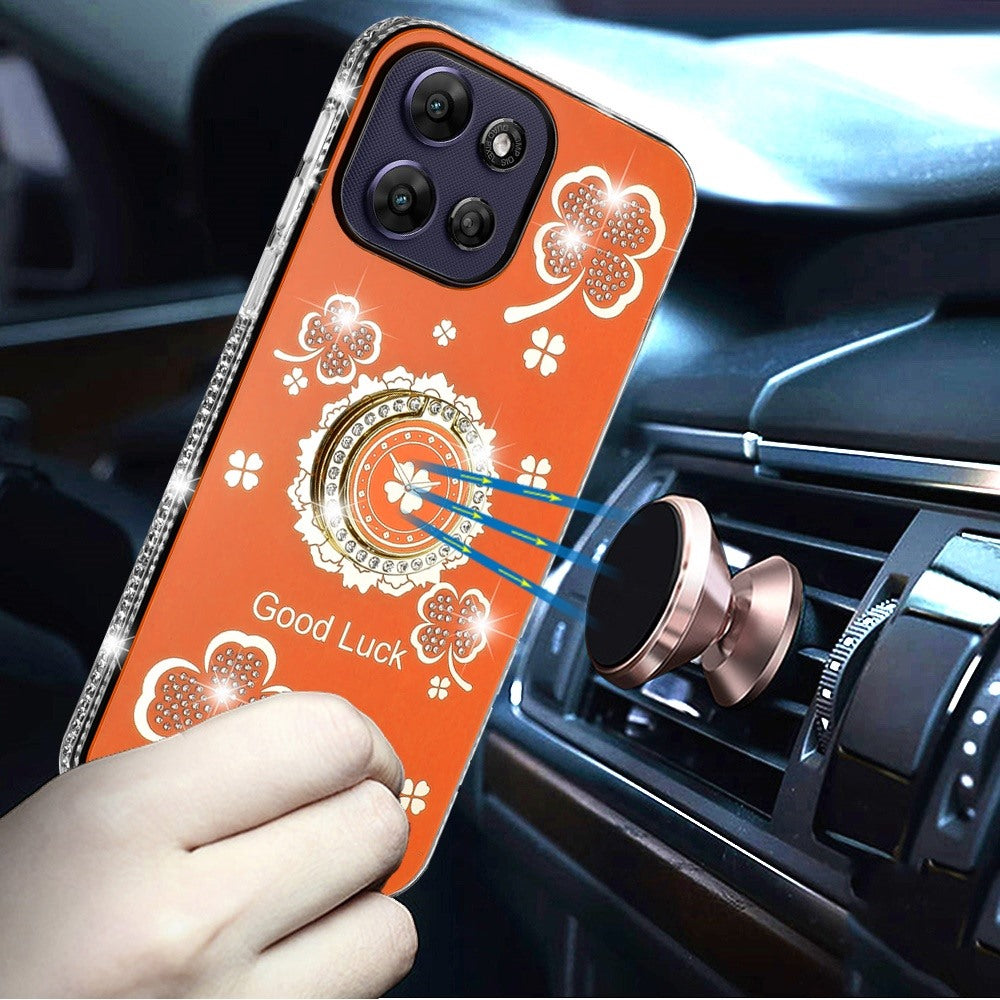 For Motorola Moto G Power 5G 2026 /2025 Diamonds Bling All Around Edges Sparkly Glitter Hybrid with Ring Stand Holder Fashion Good Luck Case Cover Cosmic Orange