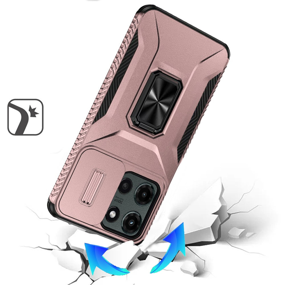 For Motorola Moto G 5G 2025 Case, Camera Cover with Magnetic Rotation Ring Stand, Military Grade Hybrid Hard TPU Shockproof Case Cover Rose Gold