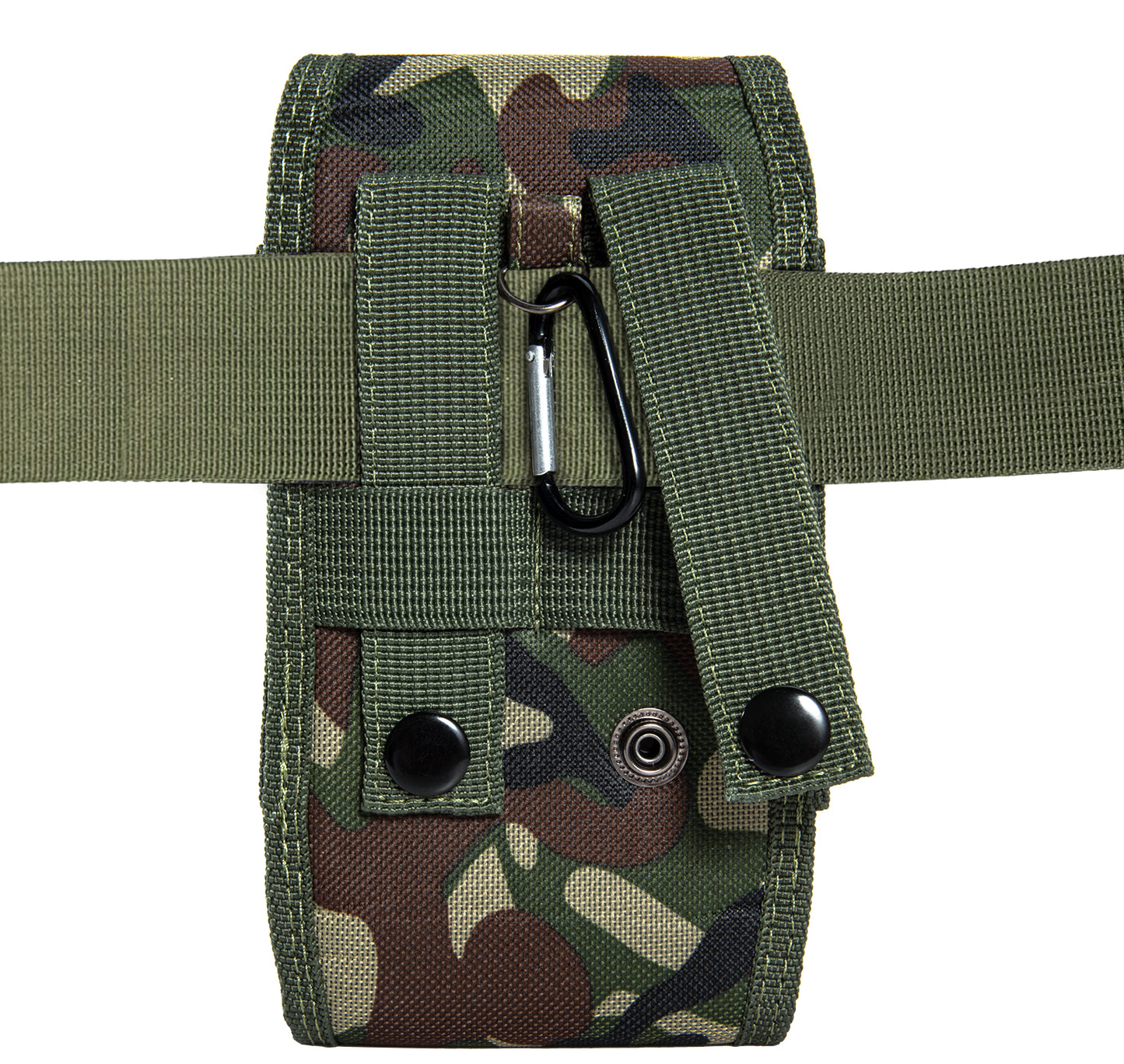 For Apple iPhone 16 Plus (6.7") Universal Vertical Pouch Case Camouflage Cell Phone Holster with Belt Clip Loop, Carabiner & Credit Card Slot Cover [Camo Green]