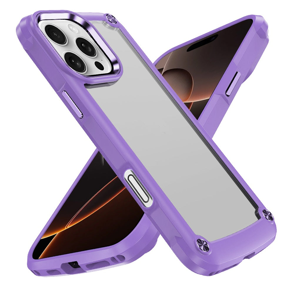 Phone Case for iPhone 16 Pro Max Ultimate Hybrid Transparent Rubber with Metal Buttons & Camera Edges, Hard TPU Frame Corner Bumper Cover Purple