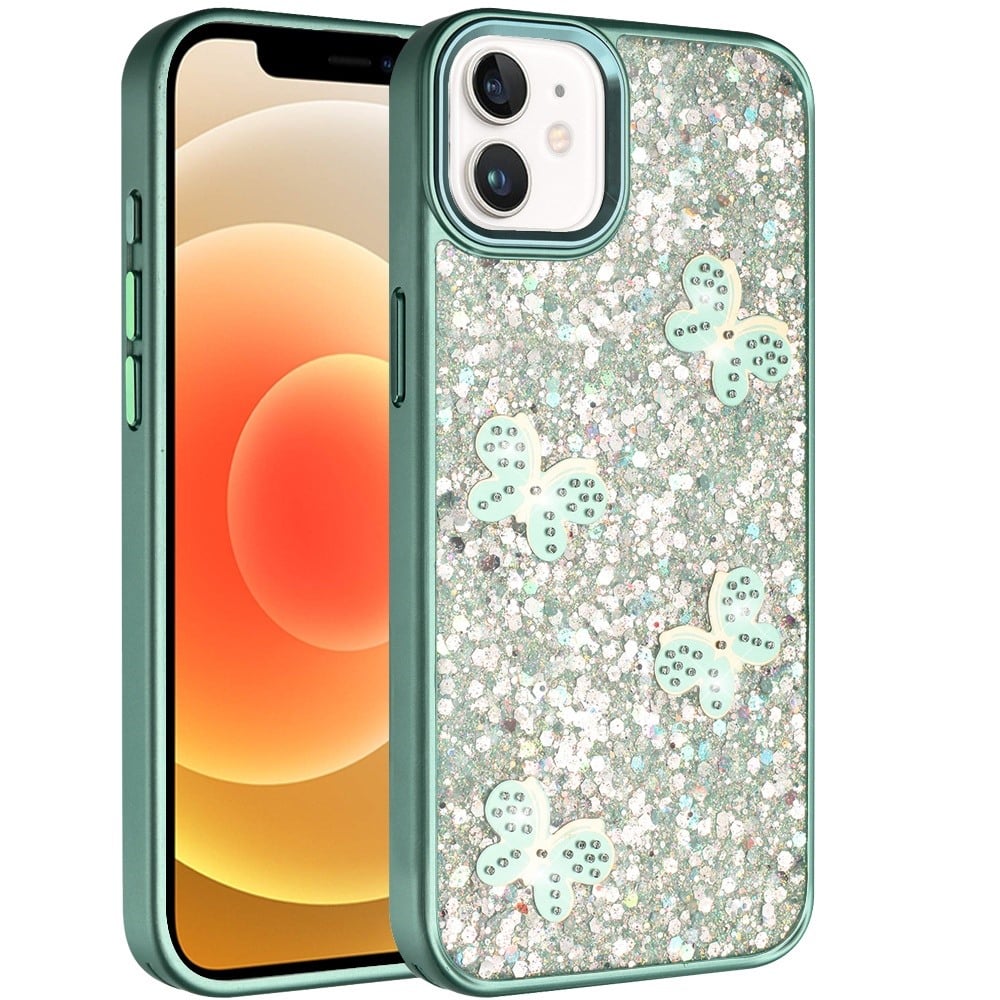 For iPhone 12 / iPhone 12 Pro (6.1") Cute Butterfly Crystal Diamond Glitter Case Sparkle Bling Frame Metallic Edges, Shimmer TPU Hybrid Case Cover