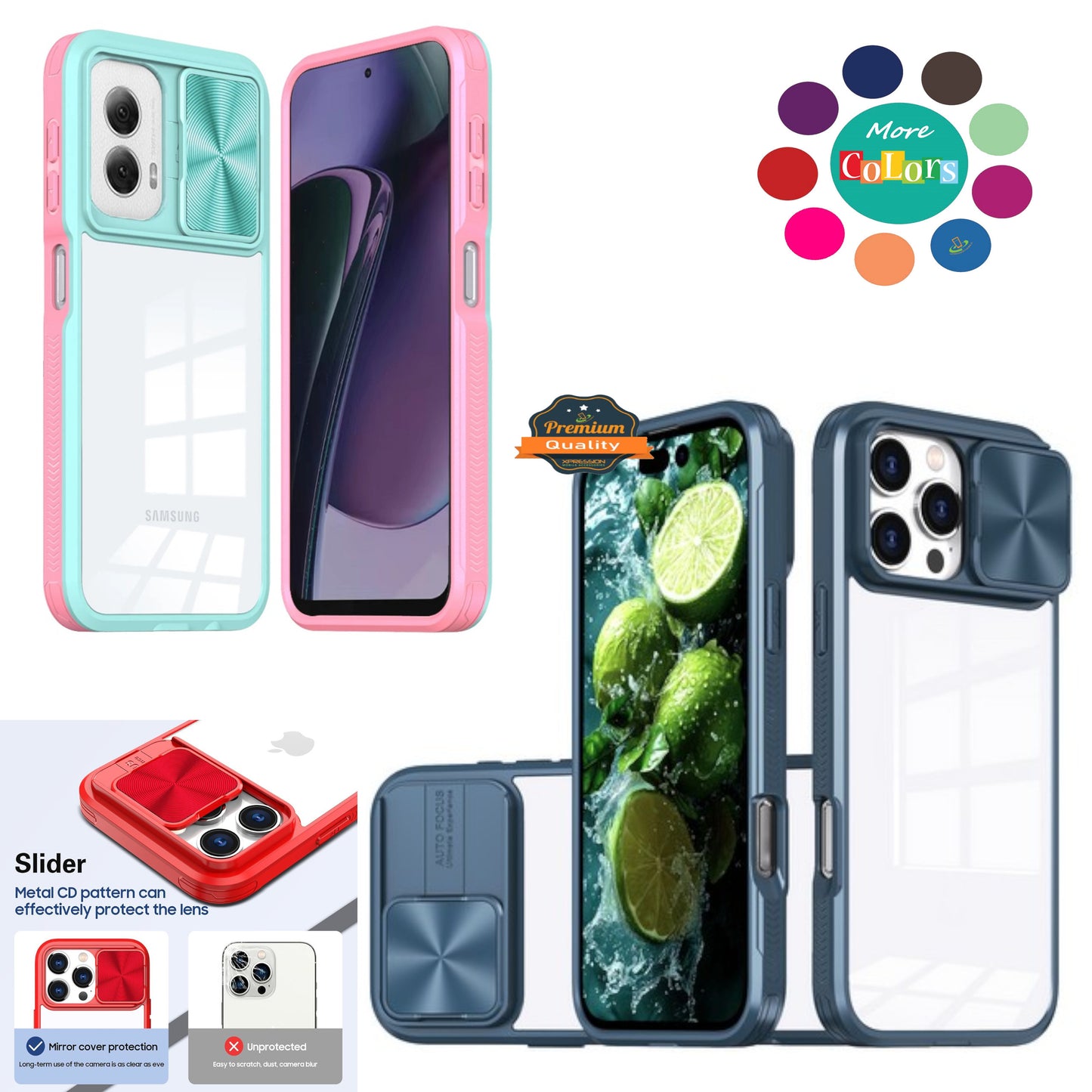 For Samsung Galaxy A26 Hybrid Slim Case with Slide Camera Protector, Shockproof TPU Clear Back & Color Frame Bumper Case Cover