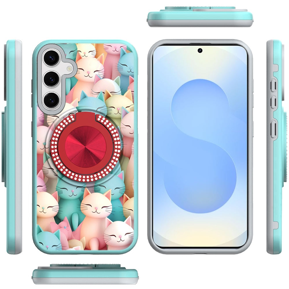 For Samsung Galaxy S25 /S24 Pattern Design Hybrid with Invisible Ring Stand & Magnetic Back, Shockproof Protective Grip Case Cover