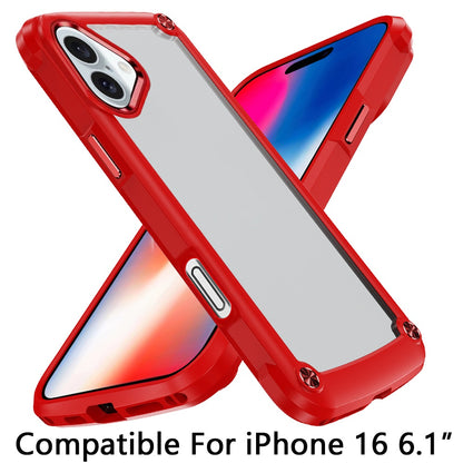 For iPhone 16 (6.1") Hybrid Transparent Rubber with Metal Buttons & Camera Edges Hard TPU Corner Frame Bumper Case Cover Red