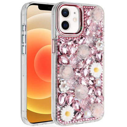 For Apple iPhone 16 Pro (6.3") Fashion Daisy Floral Series, Full 3D Bling Crystal Diamonds Sparkling Rhinestone Glitter Hybrid Design Case Cover Pink