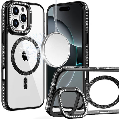 Phone Case for Apple iPhone 16 Pro Max Luxury Diamond Bling Edged Magnetic Glitter Shockproof Hybrid with Camera Kickstand Durable Grip Cover Black