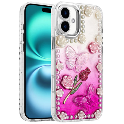 For Apple iPhone 17 (6.3") Bling Fashion Design with 3D Pearls Epoxy Glitter Ornaments Chrome Edge Hard Slim PC Case Cover