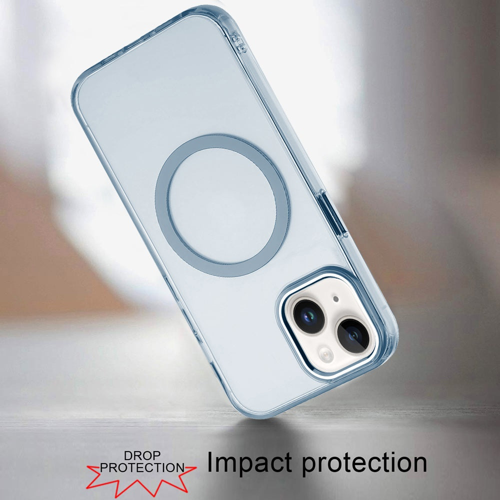 For Apple iPhone 15 Transparent Back Hybrid Case - Magnetic Circle, Color Frame, Metal Buttons, MagSafe Compatible Case Cover