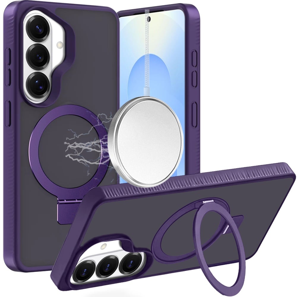 Phone Case for Samsung Galaxy S25 Plus, S25+, Galaxy S24+, GS24 Plus Magnetic Circle Kickstand with MagSafe Compatibility, Matte Skin, Rugged Bumper, and Ring Holder Cover Purple