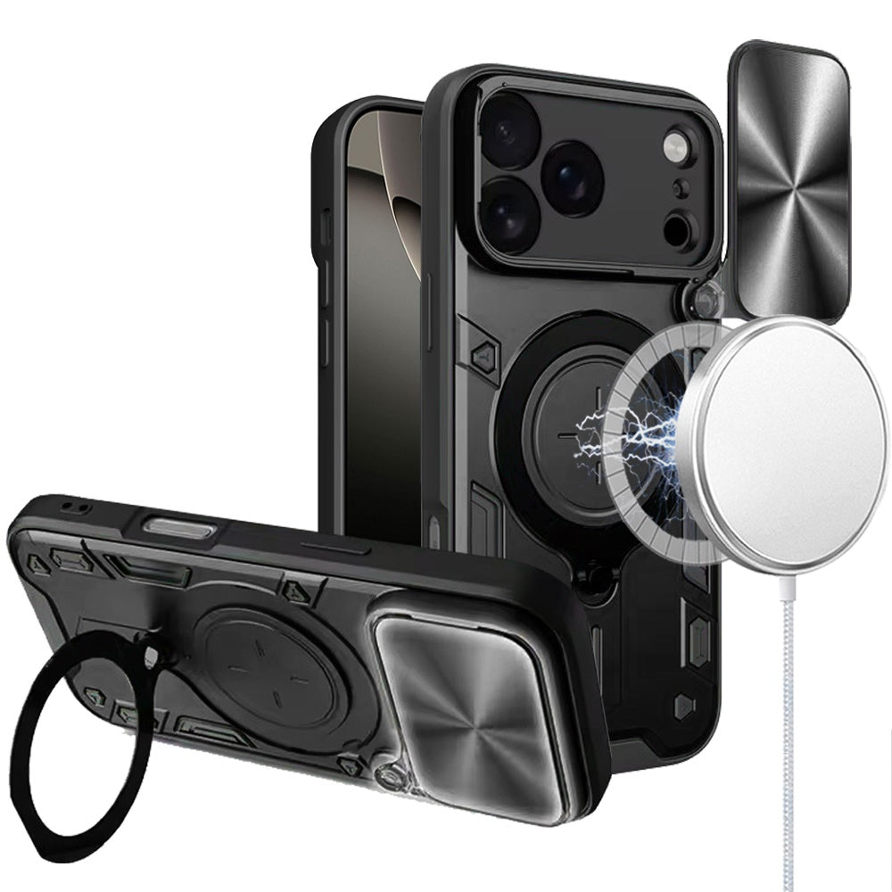 For Apple iPhone 17 Pro Hybrid Magnetic 360° Ring Kickstand, MagSafe Compatible, Durable Full Camera Lens Protection Case Cover Black