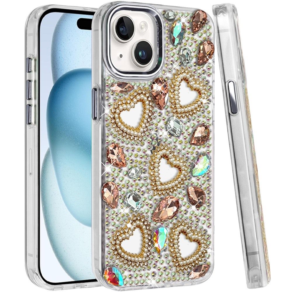 Phone Case for Apple iPhone 15 Plus Luxury Crystal Heart Rhinestone Diamond Bling Shockproof Hybrid Glitter Protective Stylish Durable Grip Cover