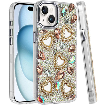 Phone Case for Apple iPhone 15 Plus Luxury Crystal Heart Rhinestone Diamond Bling Shockproof Hybrid Glitter Protective Stylish Durable Grip Cover