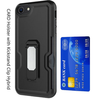 For Apple iPhone SE 3 (2022) SE/8/7 Full-Body Hybrid Heavy Duty Armor Case with Belt Clip Holster, Credit Card Holder & Kickstand Case Cover Black