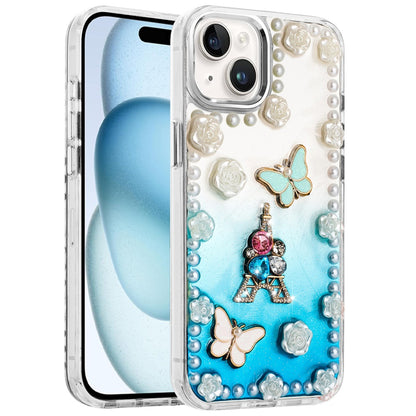 For Apple iPhone 15 Bling Fashion Design with 3D Pearls Epoxy Glitter Ornaments Chrome Edge Hard Slim PC Case Cover