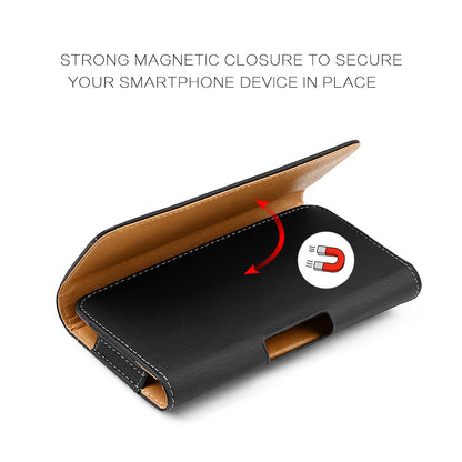 For Apple iPhone 16 Pro (6.3") Horizontal Universal Carry Pouch Cell Phone Case PU Leather Holster Belt Clip Loop Card Slot & Magnetic Closure [Black]