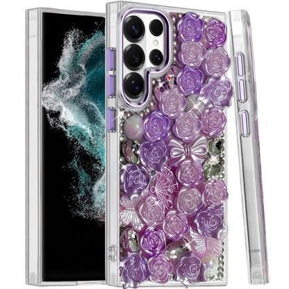 Phone Case for Galaxy S22 Ultra 3D Flower Bling Rhinestone Glitter Cute Stylish Shockproof Protective Decorative Luxury Grip Stones Ornaments Cover