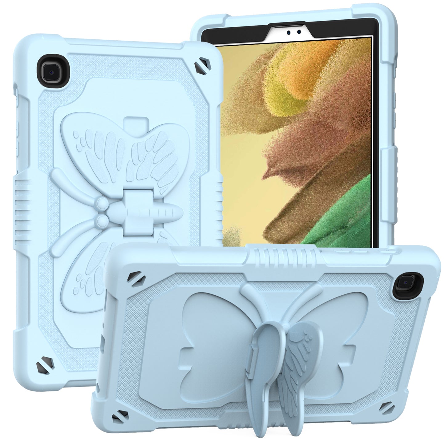 For Butterfly Wings Kickstand 3in1 Tough Hybrid with Pencil Holder Heavy Duty Rugged Shockproof Full Protective Light Blue Tablet Case Cover