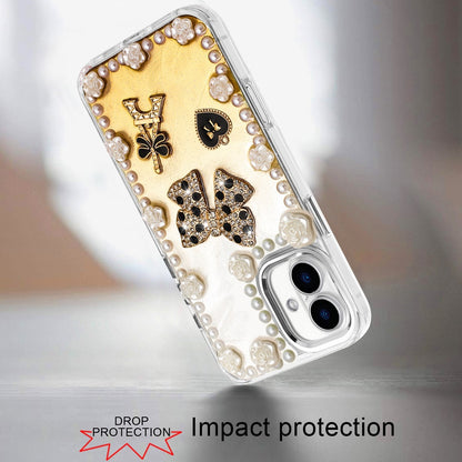 For Apple iPhone 17 (6.3") Bling Fashion Design with 3D Pearls Epoxy Glitter Ornaments Chrome Edge Hard Slim PC Case Cover