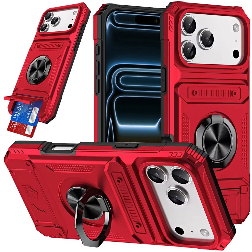 Phone Case for Apple iPhone 18 Pro Max Multi Functional Card Slot Shockproof Metal Ring Hybrid Wallet Rugged Protective Grip Heavy Duty Durable Cover Red