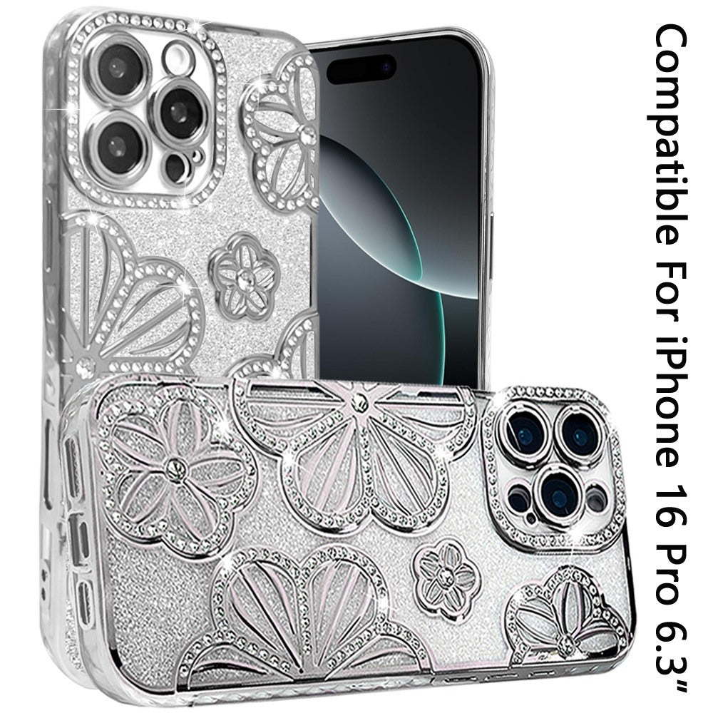 For Apple iPhone 16 Pro Luxury Flower Design Sparkle Glitter Diamond Rhinestone Shimmer Bling Plating Thick TPU Hard PC Case Cover