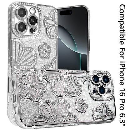 For Apple iPhone 16 Pro Luxury Flower Design Sparkle Glitter Diamond Rhinestone Shimmer Bling Plating Thick TPU Hard PC Case Cover