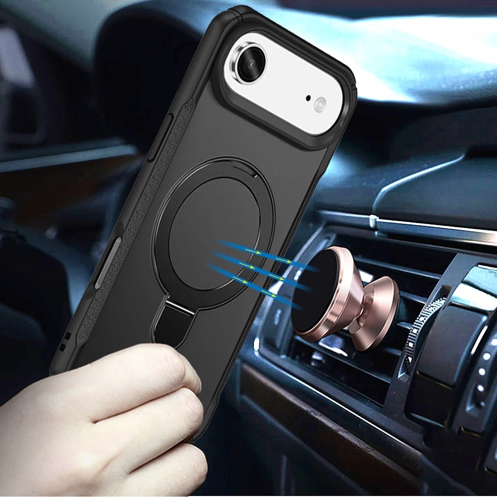 For Apple iPhone 17 Air (6.6") Matte Finish Magnetic Ring Hybrid Protective Invisible Kickstand Magsafe Compatible Case Cover Black