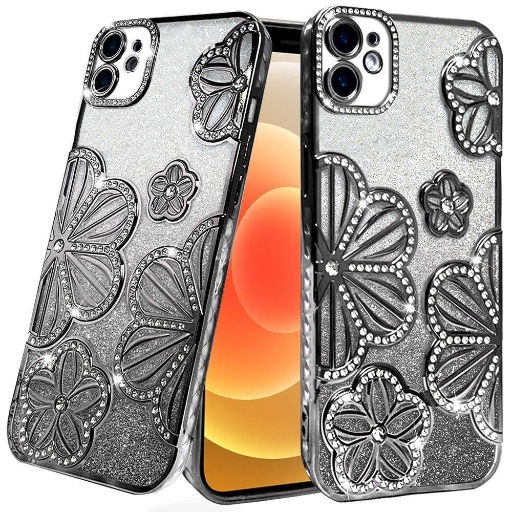 For iPhone 12 / iPhone 12 Pro (6.1") Luxury Flower Design Sparkle Glitter Diamond Rhinestone Shimmer Bling Plating Thick TPU Hard PC Case Cover