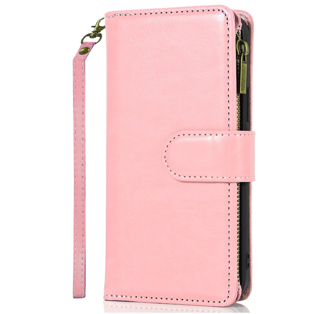 For Samsung Galaxy A57 Leather Wallet Case with Zipper, 9 Card Slots, Cash Pocket, Stand & Strap, Clutch Pouch Design Case Cover Rose Gold