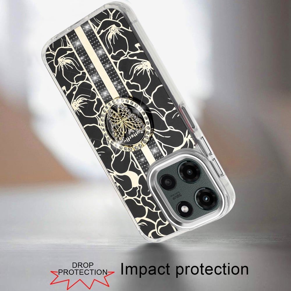 For Motorola Edge 2025 Diamonds 3D Butterfly Floral Design Bling Sparkly Glitter Hybrid Metal Fashion with Ring Stand Case Cover