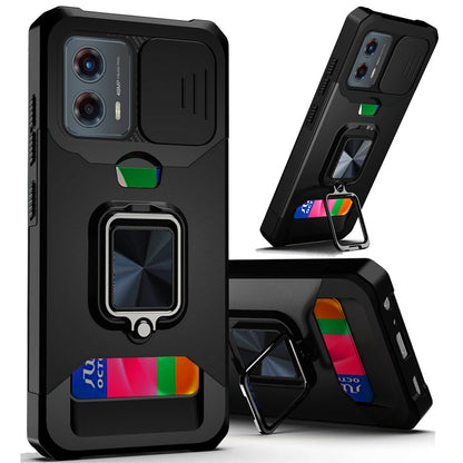 For Motorola Moto G 5G 2025 Wallet Case with Ring Stand & Slide Camera Cover Back Credit Card Slot Holder, Military Grade Case Cover