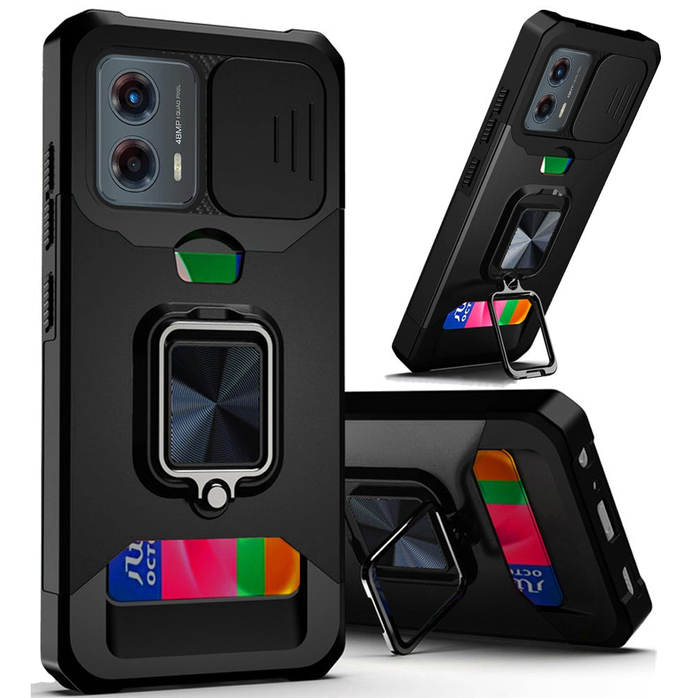 For Motorola Moto G Play 5G 2026 Wallet Case with Ring Stand & Slide Camera Cover Back Credit Card Slot Holder, Military Grade Case Cover Cosmic Orange