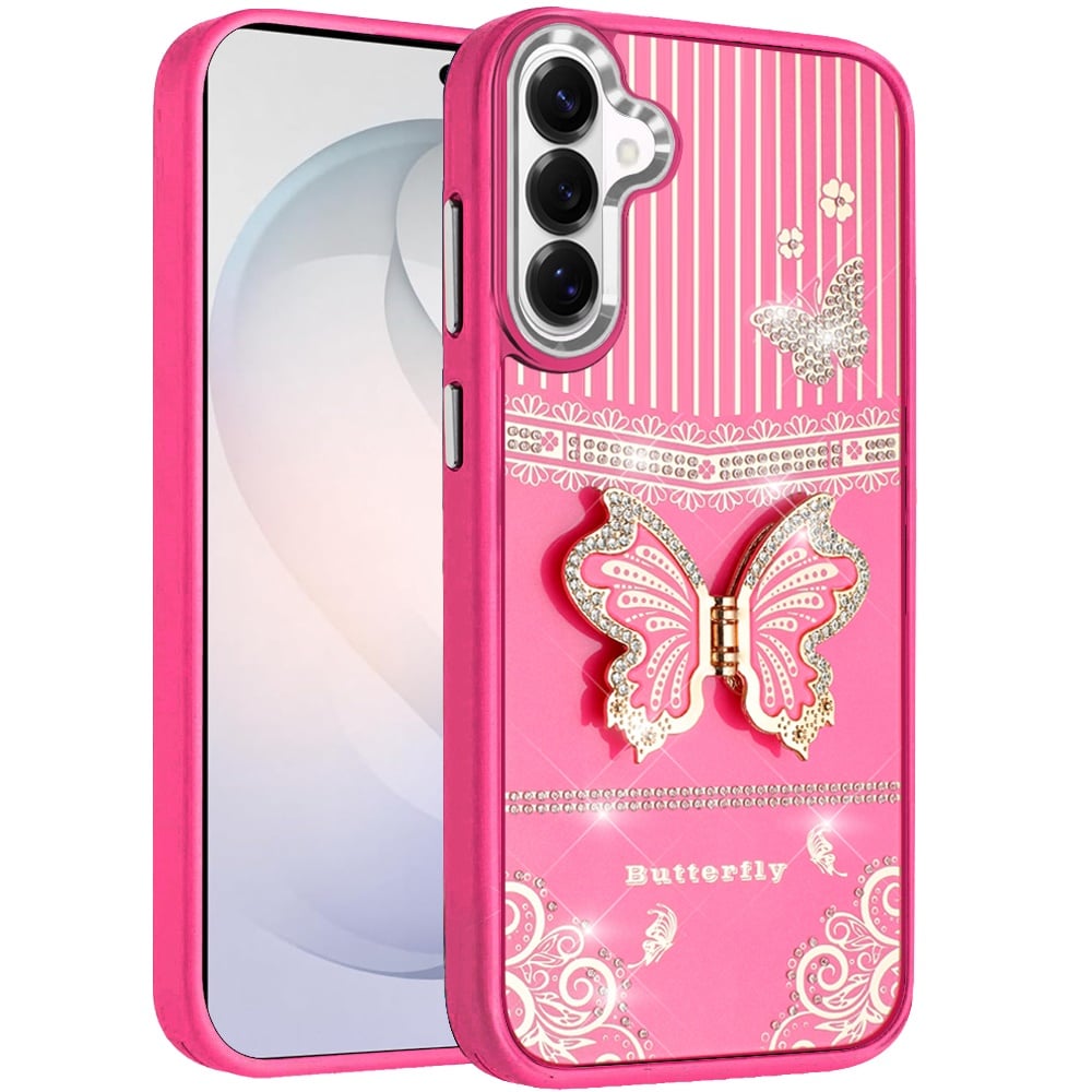 Phone Case for Samsung Galaxy S26 FE /Fan Edition Glitter Bling Butterfly Stand Metallic Edge Hybrid Shockproof Grip Durable Camera Protection Stylish Design Cover